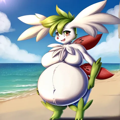 ((highest quality)),  Perfect Face ((Shaymin:1.1)) ((Pokémon)) ((anthro)) (Chest corners) (((A big inflated belly))) (((Belly))) ((female)) (standing) (a big pair of breasts) 