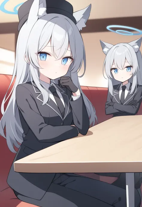 girl，Silver long hair, blue eyes, Wearing a black suit,Black gloves, and black pants, Sitting in the restaurant，Waiting expression, blue halo，Black hat，Gray wolf ears，Black Tie，Place your hands crossed on the table