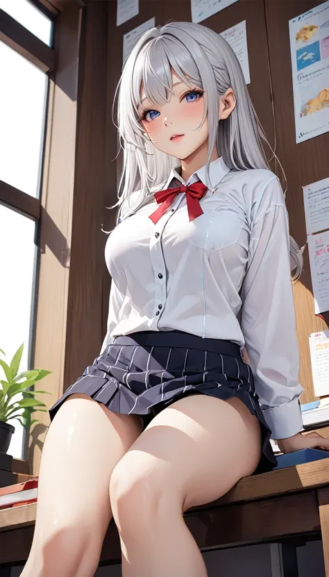 Highest quality、super high quality、16K, Delicious breasts、Facial expressions are random、Location is a school、 Hair color is silver hair、The pose is with the butt facing the viewer.、The distance is random、Angle from below、Small face、Very delicate facial exp...