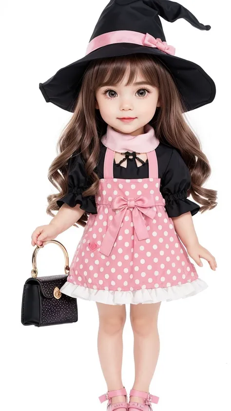 Create chibi-style doll costumes with cute Halloween themes., Each piece has a lot of detail and 8K resolution.. All dolls should follow the same and complete stable background pattern in the picture., Show (full entire body, Including legs: 1.5) Witchs Ap...