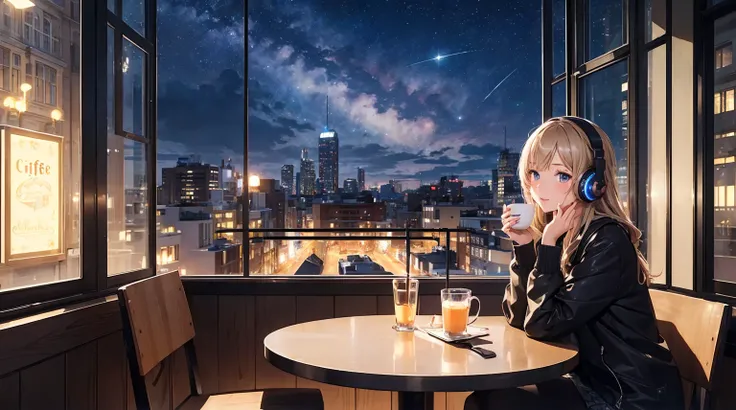 ((masterpiece)),(((bestquality))),((ultra-detailed)) realisticlying, 1 girl, Beautiful, wearing headphones, enjoying hot coffee solo, Late Night Cafe, looking to viewer, city, starry sky, cloud, night.