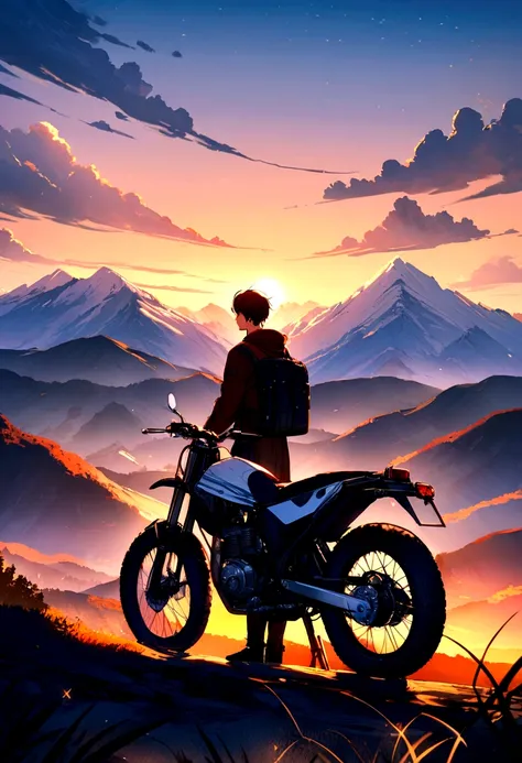 "Create a stunning hyper-realistic landscape featuring an anime-inspired sky at sunset, adorned with majestic mountains. In the foreground, depict a young man standing proudly next to his bike, capturing the essence of adventure and tranquility,