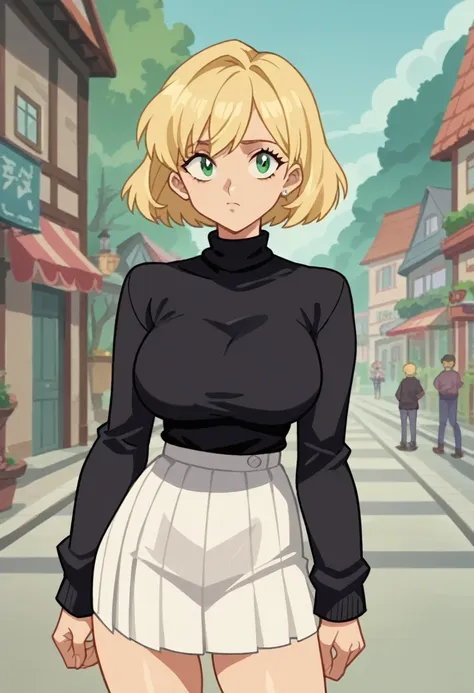 score_9, score_8_up, score_7_up, source_anime, anime_screencap, 1girl,, black sweater, green eyes, blonde hair, short hair, big breast, showgirl skirt, optionaltypo style