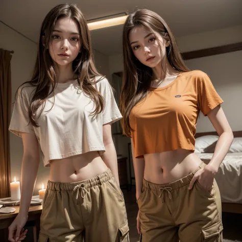 A beautiful young woman, in her late 20s, dimly lit room, candlelight, pale white skin, long light brown hair, orange eyes, wearing loose fitting brown cargo pants, wearing a red cropped t-shirt, exposed midriff, 8k UHD, extremely detailed, well lit