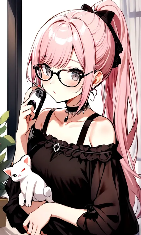 Girl with light pink hair, High Ponytail, Glasses, Gray eyes, Black shirt, Off-shoulder, Holding a black plush cat, White phone