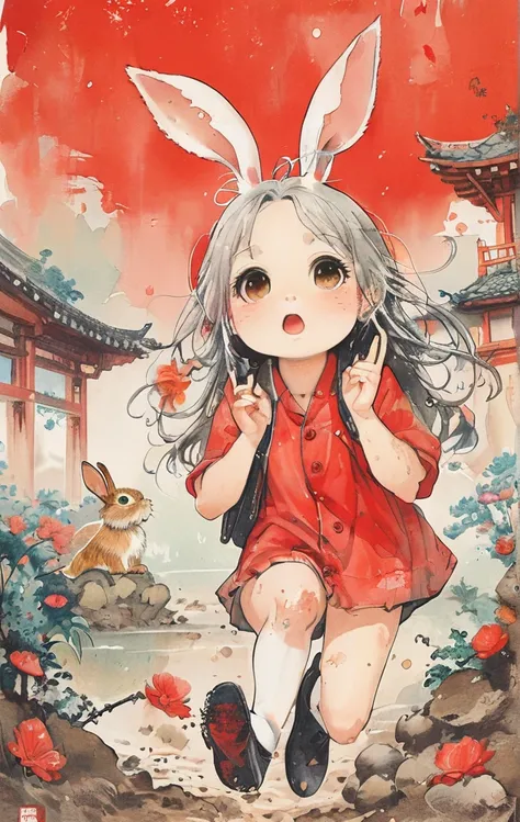 On a bright red campus"YES"Character、beautiful illustration, best quality, cute girl, bedroom, pastel color, fluffy bunny ears, , silver long hair, alert! Dive into the messy and joyful theme of "Playing in Mud" (Playing in the mud). Capture the pure delig...