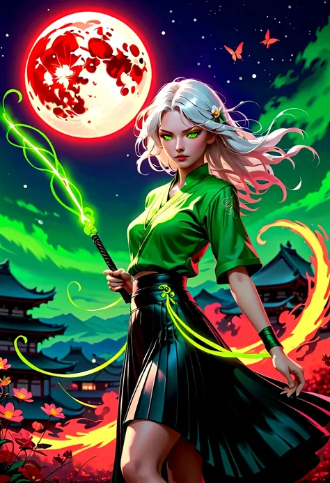 Japanese Anime，1 girl swinging a whip，Silver long hair，White flowers on eyes，Fire  butterflys，Anime style，body movements，Sense of Power，Force Value，(((Black pleated skirt，)))，Elegant Posture、Red Moon、dark purple tones，Elegant and atmospheric。，(((Fluorescen...