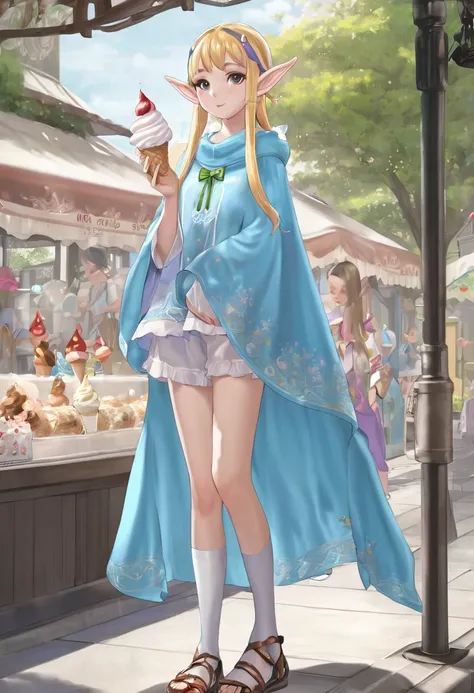 1girl((a girl,elf 1.5meters, 25kg,18 years old female, 
((tunic,poncho,(loose pants,bloomers),thigh-high socks, sandals),　（（eat soft serve ice cream））
