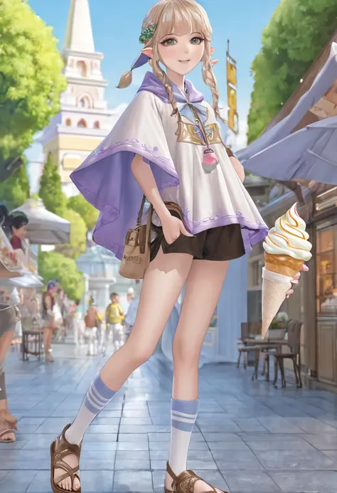 1girl((a girl,elf 1.5meters, 25kg,18 years old female, 
((tunic,poncho,(loose pants,bloomers),thigh-high socks, sandals),　（（eat soft serve ice cream））
