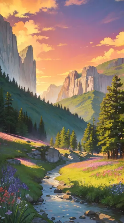 In the verdant countryside, a corridor of rocky mountains stretches out, its rugged peaks bathed in the warm hues of twilight. The air is filled with the vibrant colors of vegetation, lush green foliage and vibrant wildflowers painting a breathtaking tapes...