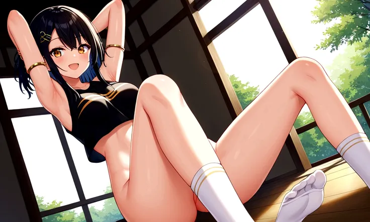 girls, (armpit), exposed shoulders, no panties, navel, (toned midriff:0.5), (clean hair), happy, (toned arms:0.1), sunlight, light shading, hairpin, armring, thighsocks, graphic shirt, feet