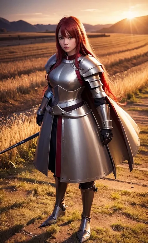 female knight, medieval fantasy art, steel armor, long wavy red hair, holding a longsword, standing on a grass field, sunset in ...