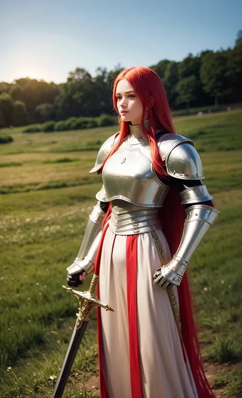 female knight, medieval fantasy art, steel armor, long wavy red hair, holding a longsword, standing on a grass field, sunset in background