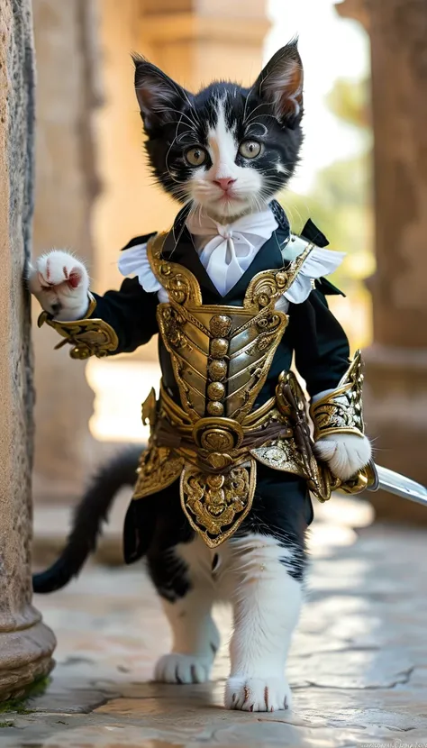 Roman period　Tuxedo Kitten Warrior　Full Body Shot　Looking this way　