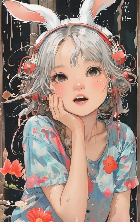 On a bright red campus"YES"Character、beautiful illustration, best quality, cute girl, bedroom, pastel color, fluffy bunny ears, , silver long hair, alert! Dive into the messy and joyful theme of "Playing in Mud" (Playing in the mud). Capture the pure delig...