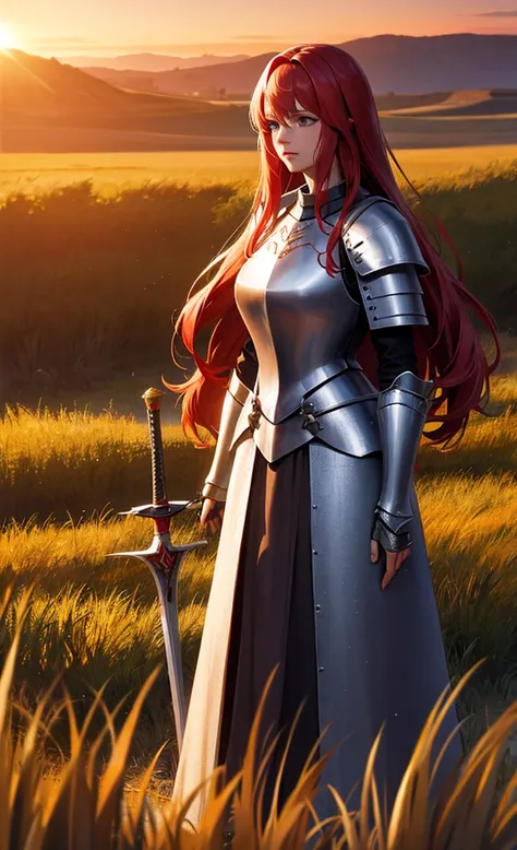 female knight, medieval fantasy art, steel armor, long wavy red hair, holding a longsword, standing on a grass field, sunset in background