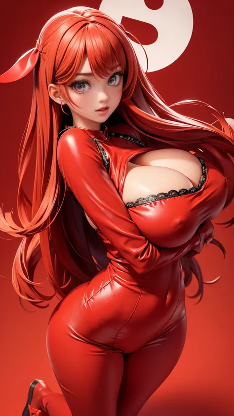 (full_body)、Woman、red_background、(big_breasts:1.5)、Detailed、POP、vivid、pose:1.2、Open chest、idol