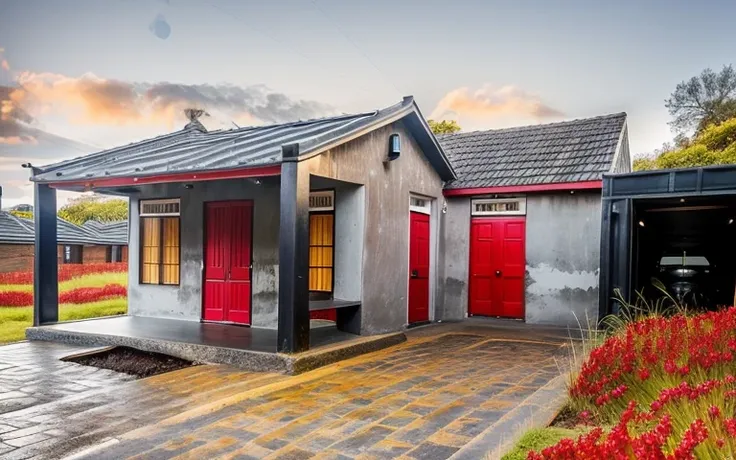 platform kthouse,  1 industry black house,, many beautiful red flowers along the road:1.1, romantic, beautyful light, beautyfuld...