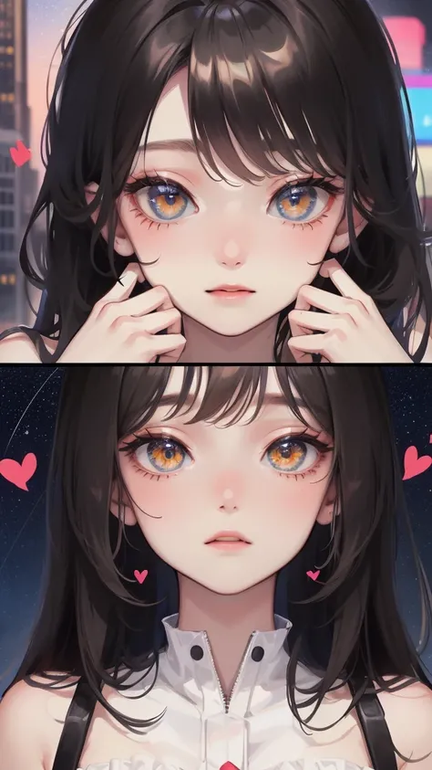 High detail, Super detailed, Ultra-high resolution,A girl whose face went red after being confessed to on the roof of a building, The background is a beautiful starry sky with colorful stars., looking at the camera, Delicate face, Add a playful touch ,Emba...