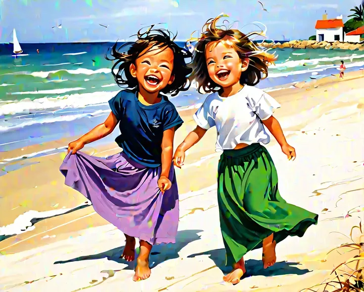 2 girls, 4 years old, playing in backgorund in beach, use tshirt and long skirt, look at viewer, laughing