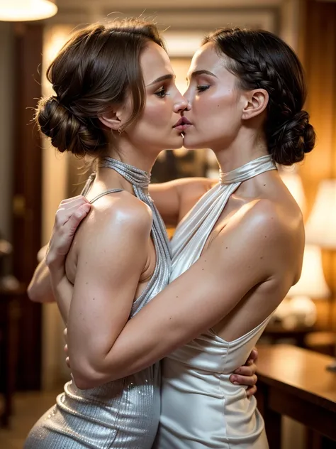 (realistic, photo-realistic:1.37),(8k, RAW photo, best quality, masterpiece:1.2), awards show, red carpet, lesbian couple, side view portrait, (2girls:1.5), (beautiful Natalie Portman wearing ruched halter dress, braids, 30 years old:1.4), and her girlfrie...