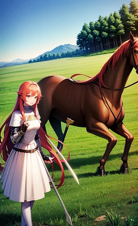 female knight, medieval fantasy art, steel armor, long wavy red hair, holding a longsword, standing on a grass field, sunset in background