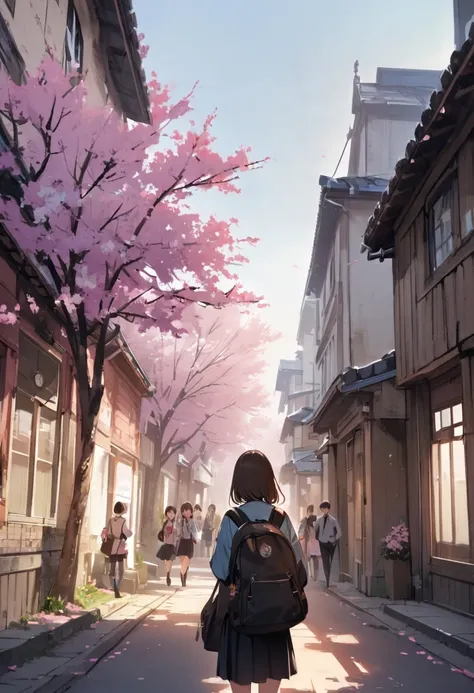 School、Outside classroom building、background、landscape、Dynamic Angle、masterpiece、best quality、ultra-detail、modern、City、cherry blossoms、School building、window、clock、Lots of students、school gate
