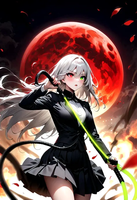 Japanese Anime，1 girl swinging a whip，White long haire  butterflys，Anime style，body movements，Sense of Power，Force Value，(((Heterochromia：1.37)))，(((Black pleated skirt，)))，Elegant Posture、Red Moon、dark purple tones，Elegant and atmospheric。，(((Fluorescent ...