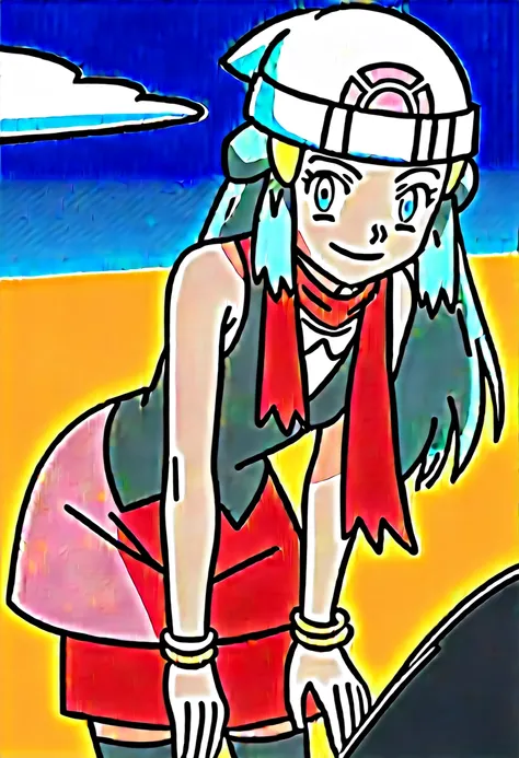 score_9, score_8_up, score_7_up, source_anime, pokemondawn, pokemon dawn, black hair, blue eyes, sidelocks, long hair,, bare shoulders, beanie, black shirt, black socks, bracelet, hat, jewelry, kneehighs, miniskirt, pink skirt, red scarf, scarf, shirt, ski...