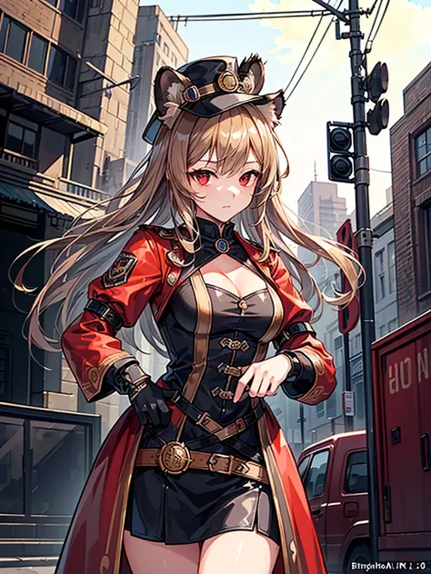 ((masterpiece, Highest image quality, highest quality, highly detailed unity 8k wallpaper))), ((Illustration of one girl)), ((beautiful girl))), ((Bronze hair, long hair, straight, red eyes)), ((Men: 1.2, hat with cat ears, tiger patterned clothes)), (stea...