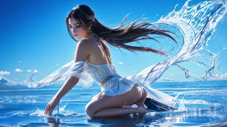 yushuishan, 1 Girl, water, High heel, skirt, Bare legs, Hand fan, Solitary, Long hair, look back, ripple, whole body, jewelry, white skirt, Hair accessories, Forehead Mark, splash, Brown hair, blue skirt,
best quality,masterpiece,Ultra-high resolution,