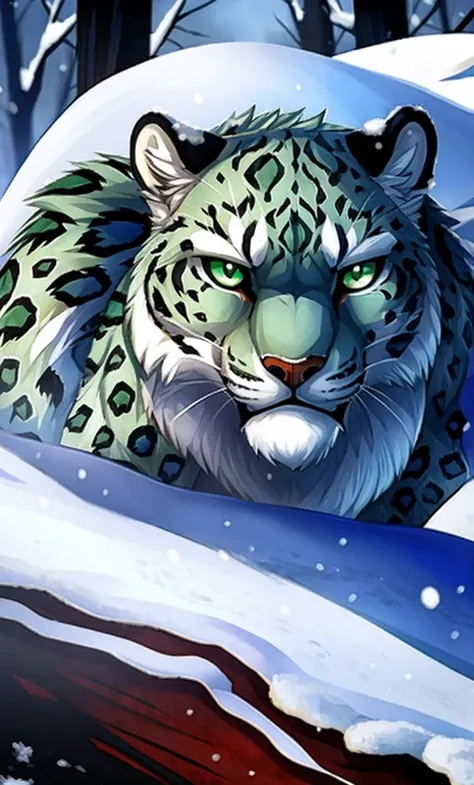 Snow leopard, white fur, emerald green eyes, killer, snow, blood, fierce, scary. 