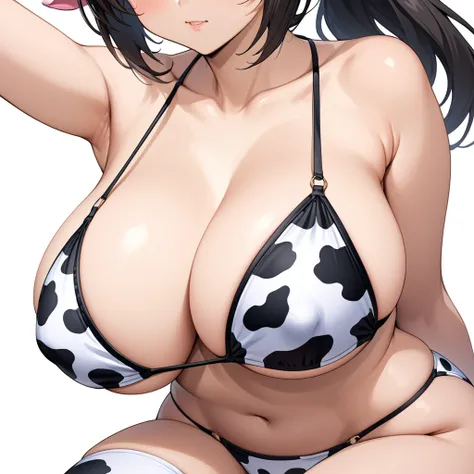 Cow horn、J cup breast-shaped legs、She is wearing a cow print bikini.、