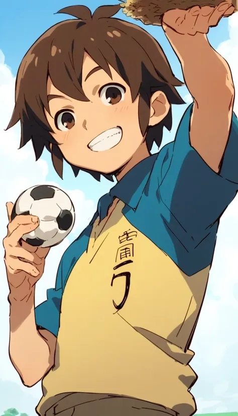 anime, one boy, handa shinichi, brown hair, brown eyes, raimon soccer uniform, pause, smile, view your viewers, eat rice balls、p...