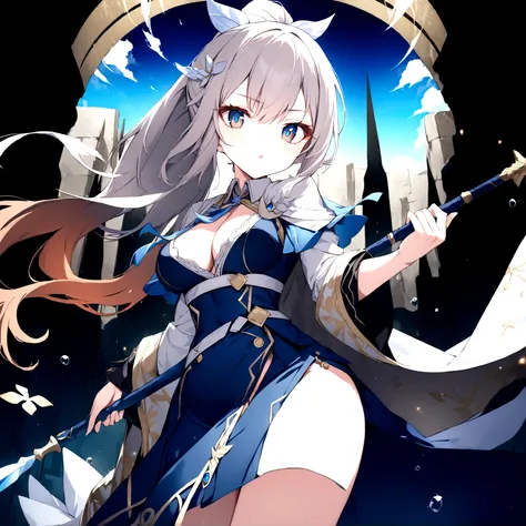 (1girl, Masterpiece, best quality) (detailed and beautiful eyes:1.6) (perfect hands, perfect anatomy) (full body)) Fierce warrior girl with long white hair in a high ponytail and striking red eyes. She wears sleek, modern armor in blue and black with gold ...