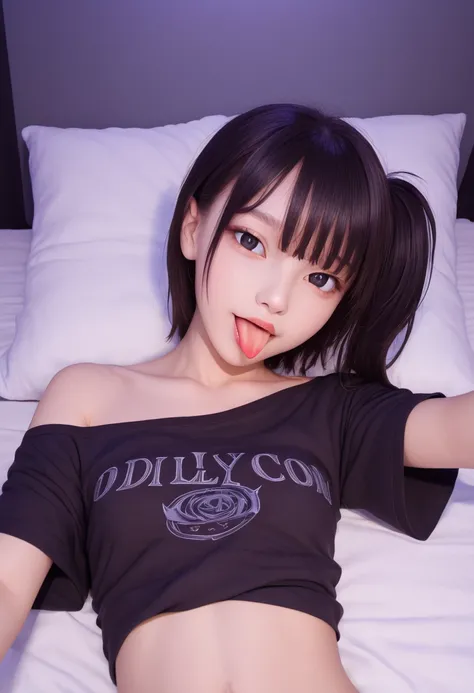 black colors t-shirt,off-shoulder look,bare shoulder,ollarbone,midriff peek,micro shorts,open mouth,(tongue out:2),lying,Selfie,front view,upper body,(1girl,Beautiful 14 year old girl),((Slender,Small breasts,Small face,)),(looking at viewer),Black Hair,ba...