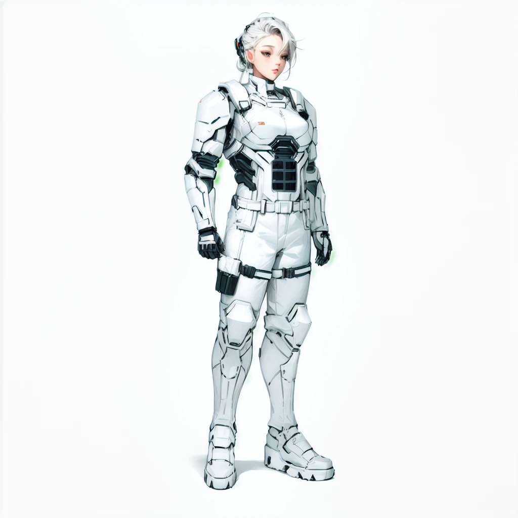 Enhance render style, female full white uniform, dark white outfit, grey color scheme, monochrome, white background,