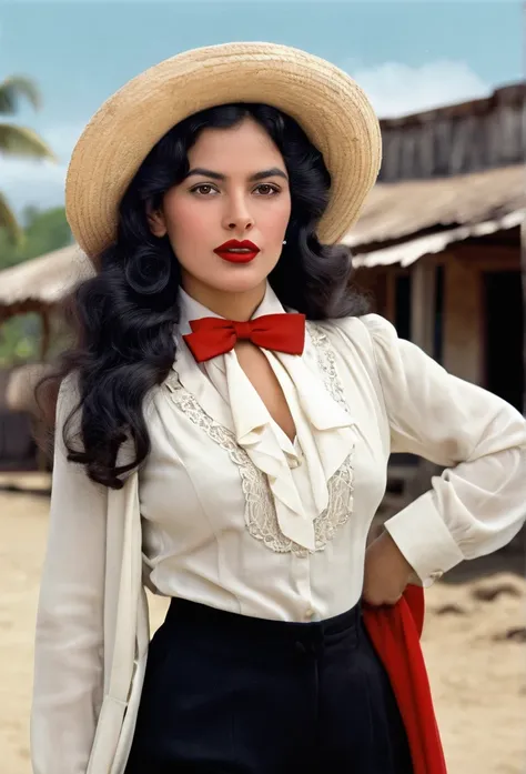 Create a realistic image vintage of a 1930s Colombian woman poderosa, brava with long wavy black hair and hairstyle , With light brown eyes, black dress pants, white blouse with bow tie , black red coat, black boots up to the ankle, coconut hat on head red...