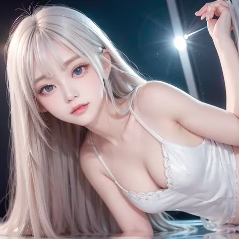 silver shiny hair, super long straight silky hair, dazzling blonde super long silky hair, cute little beautiful face 19 years old, beautiful girl, sparkling blonde dancing in front of her cute face, long silky bangs covering the space between her eyes, ver...