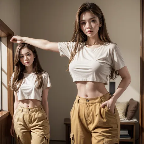 A beautiful young woman, in her late 20s, dimly lit room, candlelight, pale white skin, long light brown hair, orange eyes, wearing loose fitting brown cargo pants, wearing a red cropped t-shirt, exposed midriff, 8k UHD, extremely detailed, well lit