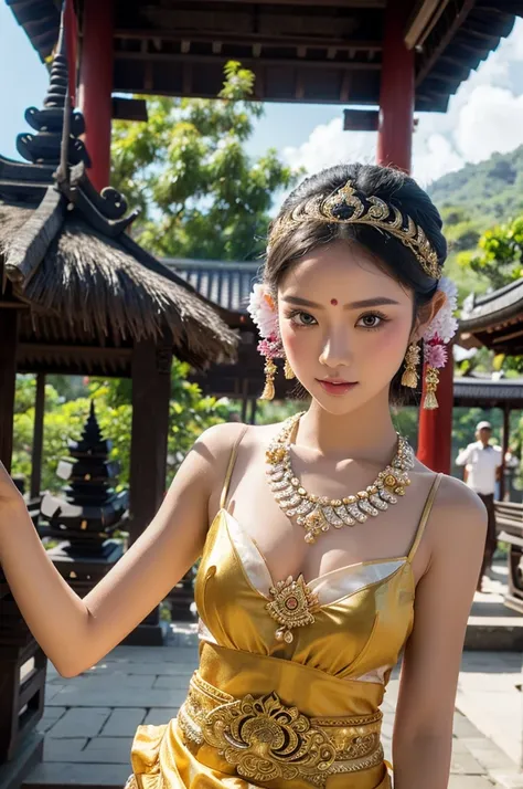 Beautiful Balinese dancers in traditional Balinese clothing, temple and temple background