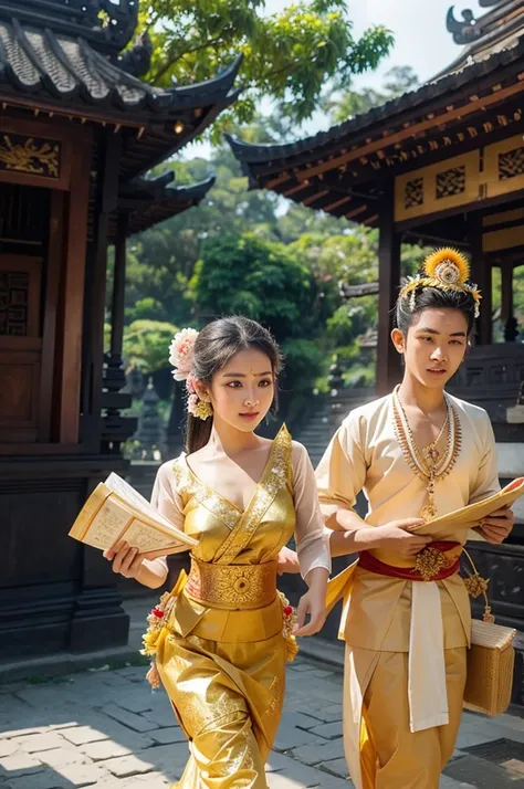 Beautiful Balinese dancers in traditional Balinese clothing, temple and temple background