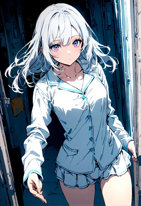 A girl in a short skirt, white pajamas, silver hair