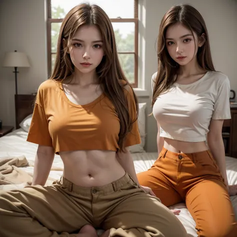 A beautiful young woman, in her late 20s, dimly lit room, candlelight, pale white skin, long light brown hair, orange eyes, wearing loose fitting brown cargo pants, wearing a red cropped t-shirt, exposed midriff, 8k UHD, extremely detailed, well lit