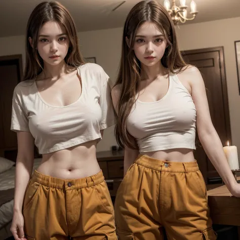 A beautiful young woman, in her late 20s, dimly lit room, candlelight, pale white skin, long light brown hair, orange eyes, wearing loose fitting brown cargo pants, wearing a red cropped t-shirt, exposed midriff, 8k UHD, extremely detailed, well lit