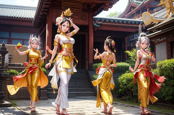 Beautiful Balinese dancers in traditional Balinese clothing, temple and temple background