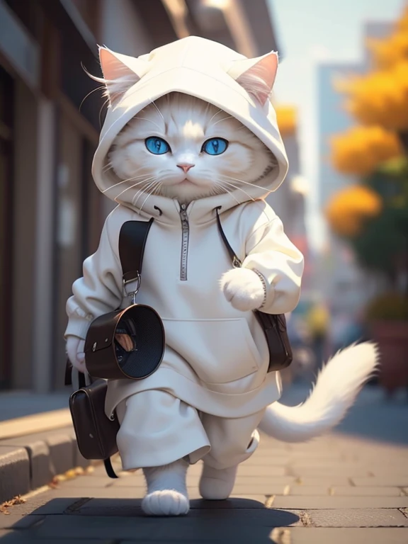 fluffy white cat, adventurer,very detailed cat and fur, wearing a white hoodie, wandering , two animal,highly detailed images, k...