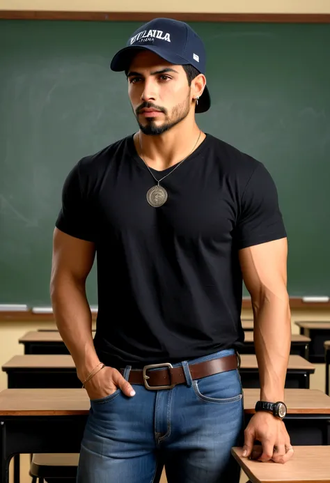 realistic writing on a blackboard in a classroom, high, latino, handsome, attractive, with cold hat, clear-eyed, barba larga, short hair, black t-shirt, athletic, blue jeans, pair of rings, small earring in right ear. photo the 3/4 plano americano