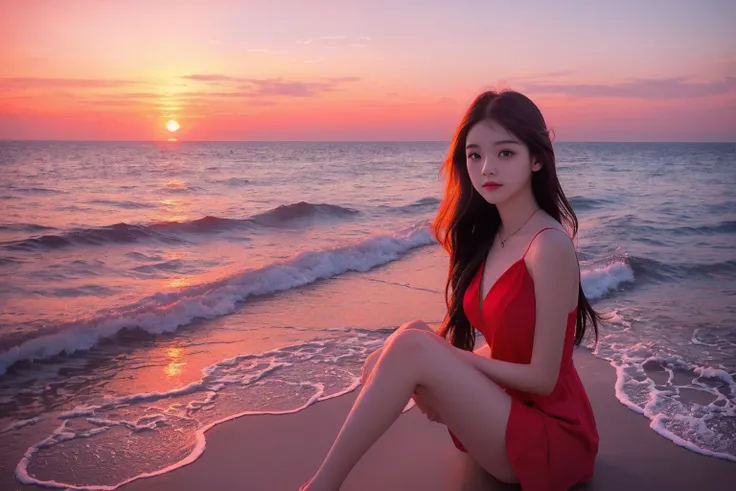 Highest quality　I feel lonely　Photo style　Real　Fantasy　Red World　Cute girl at sunset sea