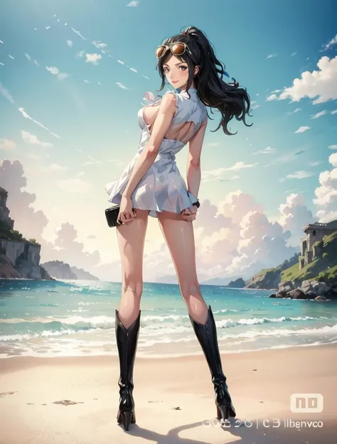 1girl, solo, boots, eyewear on head, black hair, dress, high heels, sunglasses, short dress, long hair, looking back, breasts, ponytail, nico robin, legs，medium_breasts，sideboob